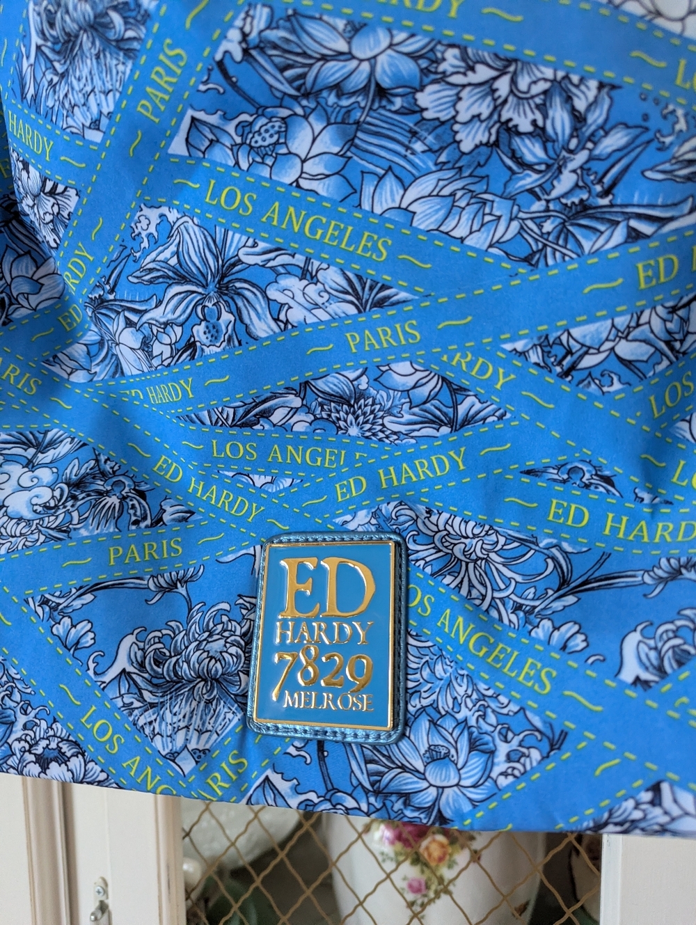 VTG Y2K Ed Hardy Bobbi Bondage Blue Yellow Floral Chain-Handle Shoulder Bag